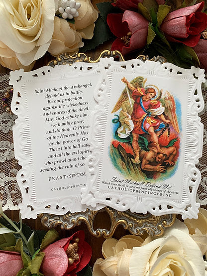 Saint Michael Defend Me! Paper Lace Holy Card