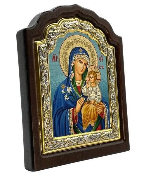 The Art of the Icon - Virgin Mary Eternal Bloom Icon–Arched Engraved Silver, Gold: 20 x 16 cm / 7.9 x 6.3 in