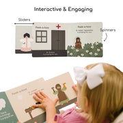 Child interacting with an interactive book featuring sliders and spinners on a white background.