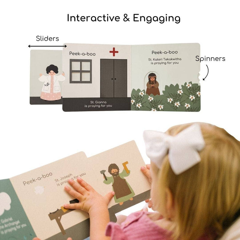 Child interacting with an interactive book featuring sliders and spinners on a white background.
