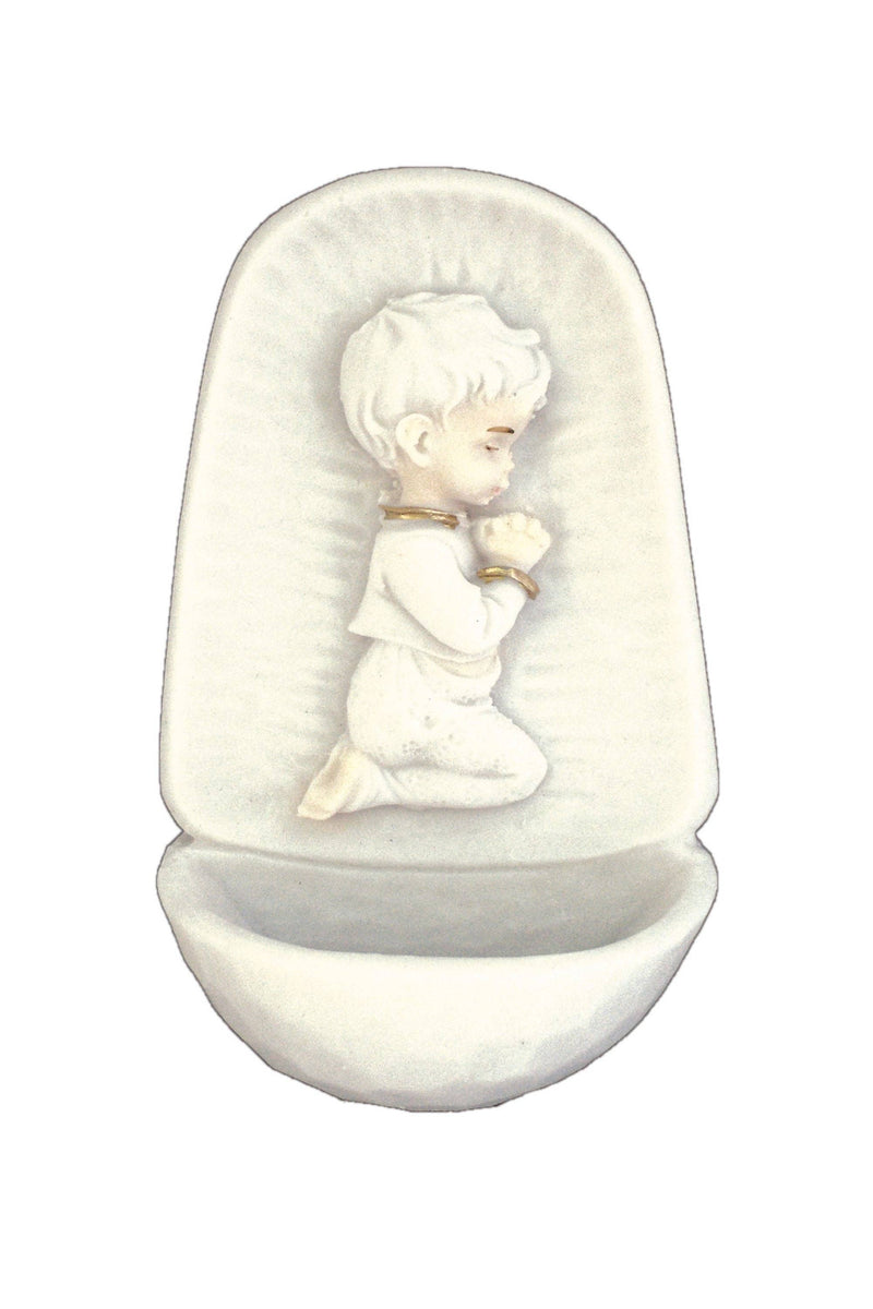 Goldscheider of Vienna - Praying Boy Font in White with Gold Highlightls 4.5"