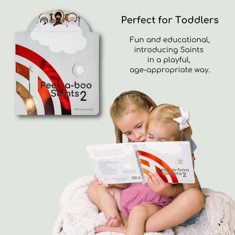 Two children reading a book titled 'Peek-a-boo Saints 2' with packaging displayed on a light gray background.