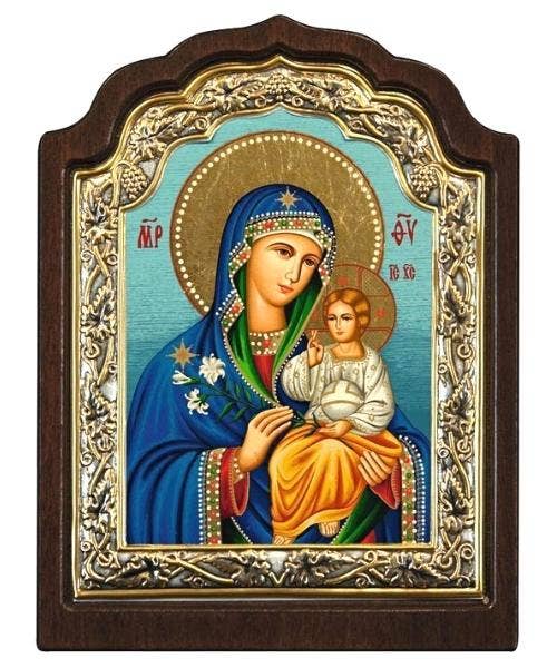 The Art of the Icon - Virgin Mary Eternal Bloom Icon–Arched Engraved Silver, Gold: 20 x 16 cm / 7.9 x 6.3 in