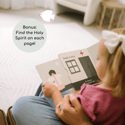 Child reading a book with text 'Bonus: Find the Holy Spirit on each page!' in a home setting.