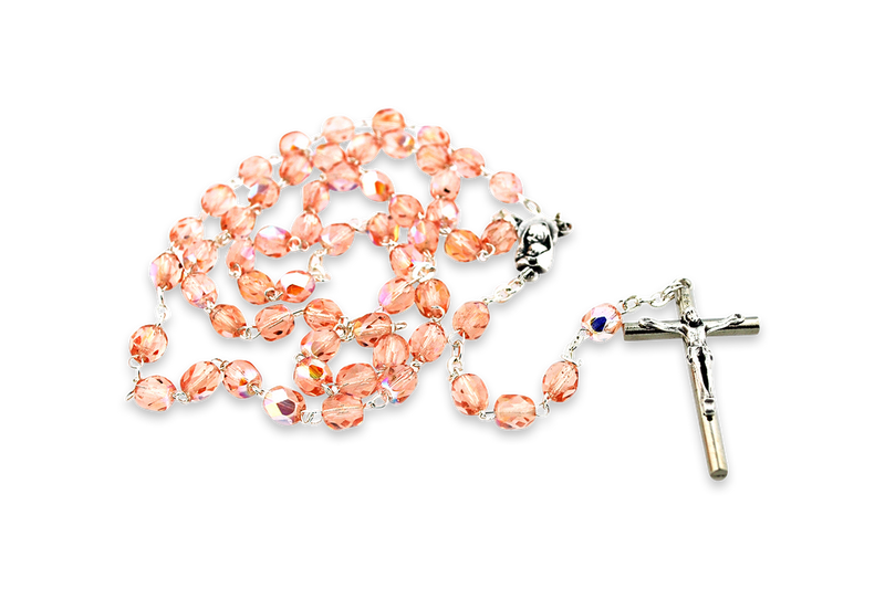 Village Gift Importers - Crystal Pink Rosary Beads with Madonna and Child Centerpiece