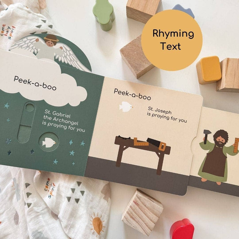 Educational cards with illustrations and text on a surface with toys