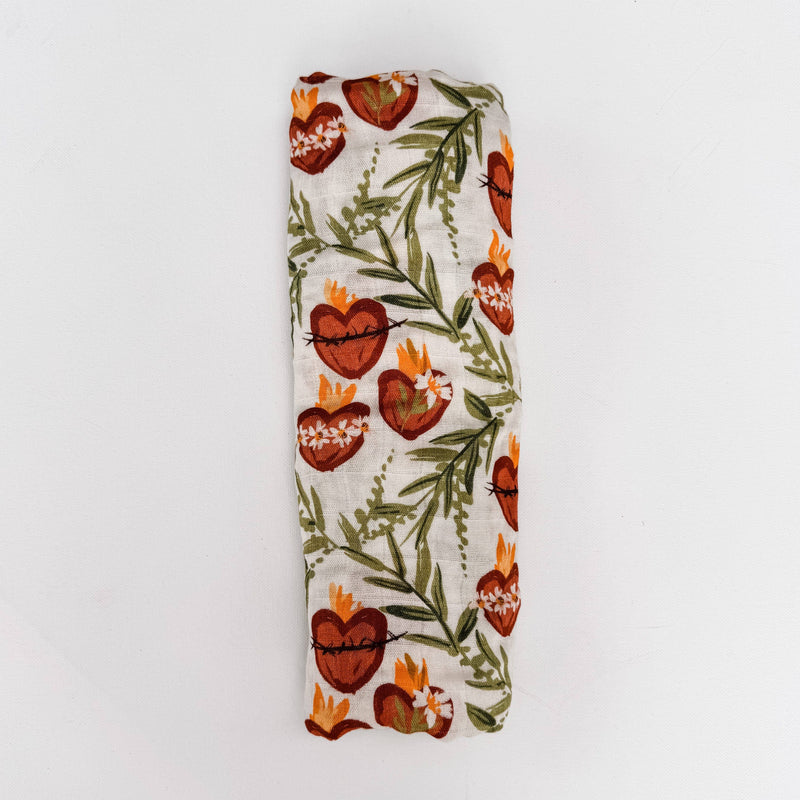 The Little Rose Shop - Holy Family Hearts Muslin Blanket Swaddle