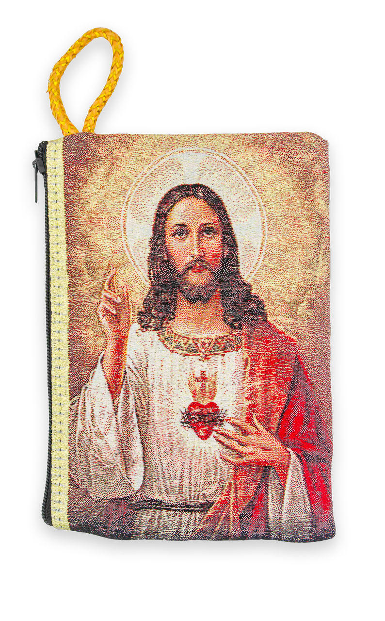 Village Gift Importers - Large Tapestry Rosary Pouch with Sacred Heart of Jesus