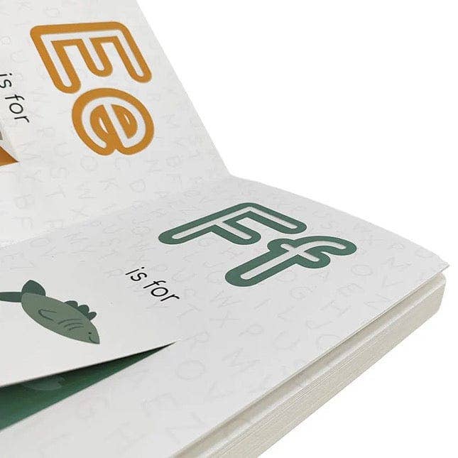 Open book showing pages with letters 'E' and 'F'.