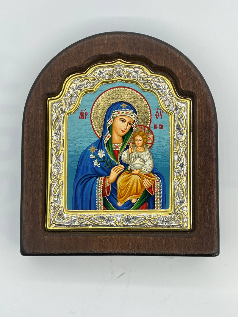 The Art of the Icon - Virgin Mary Eternal Bloom Icon–Arched Engraved Silver, Gold: 20 x 16 cm / 7.9 x 6.3 in