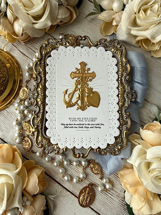 Anchored With Christ's Cross Gold Embossed flower lace paper lace holy card