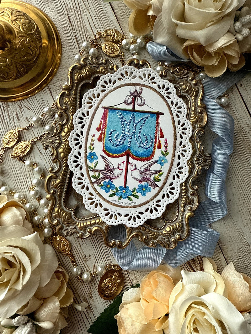 NEW:  Auspice Procession Banner Forget Me Not Doves paper lace holy card