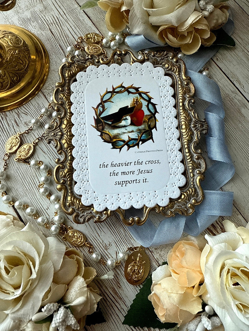 NEW:  The Heavier the Cross Paper Lace Holy Card