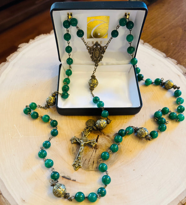 Our Lady of Grace Green Glass Bead Rosary with Bronze Pater Beads and A Benedictine charm by Creed