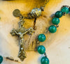 Our Lady of Grace Green Glass Bead Rosary with Bronze Pater Beads and A Benedictine charm by Creed