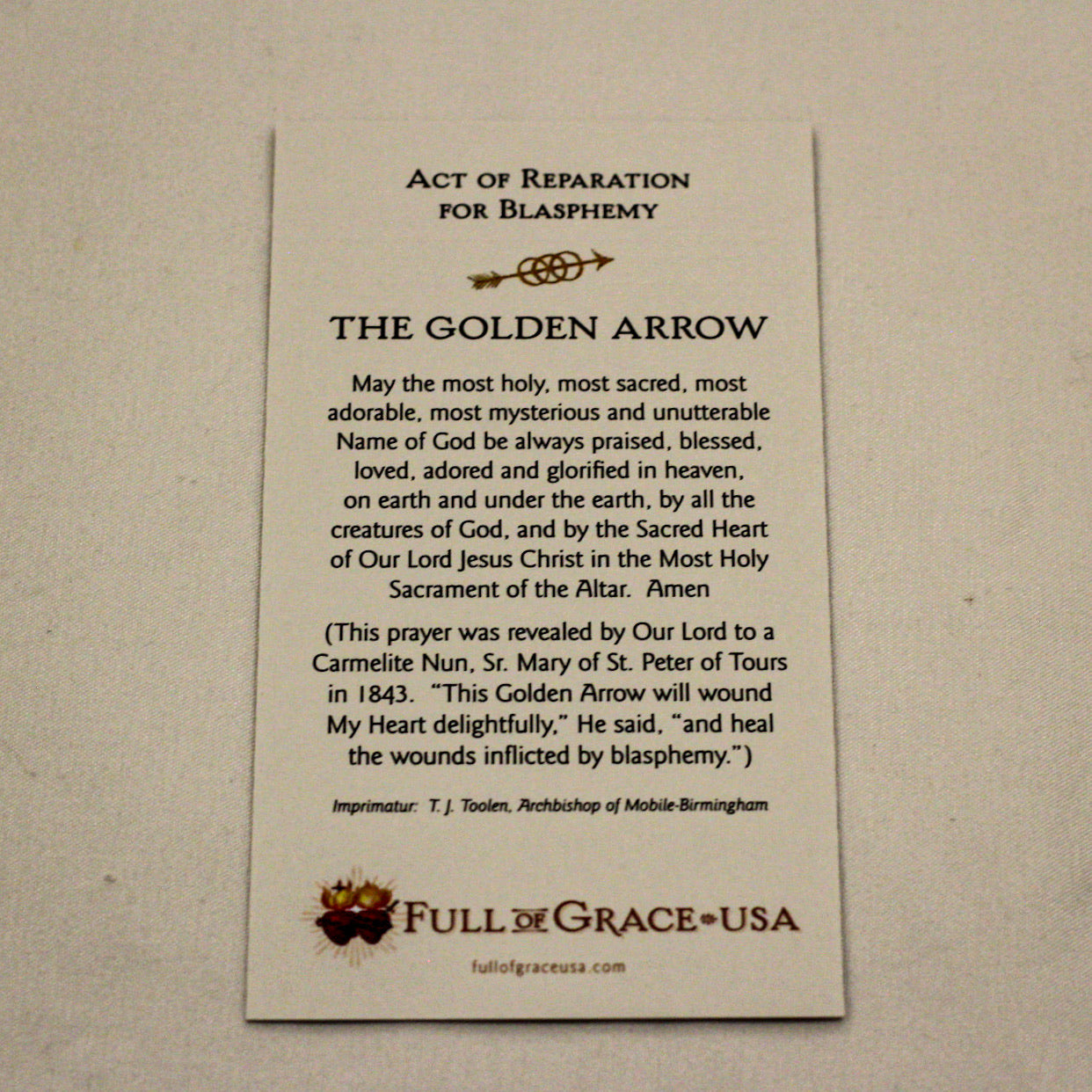 Act of Reparation for Blasphemy - THE GOLDEN ARROW Holy Card.