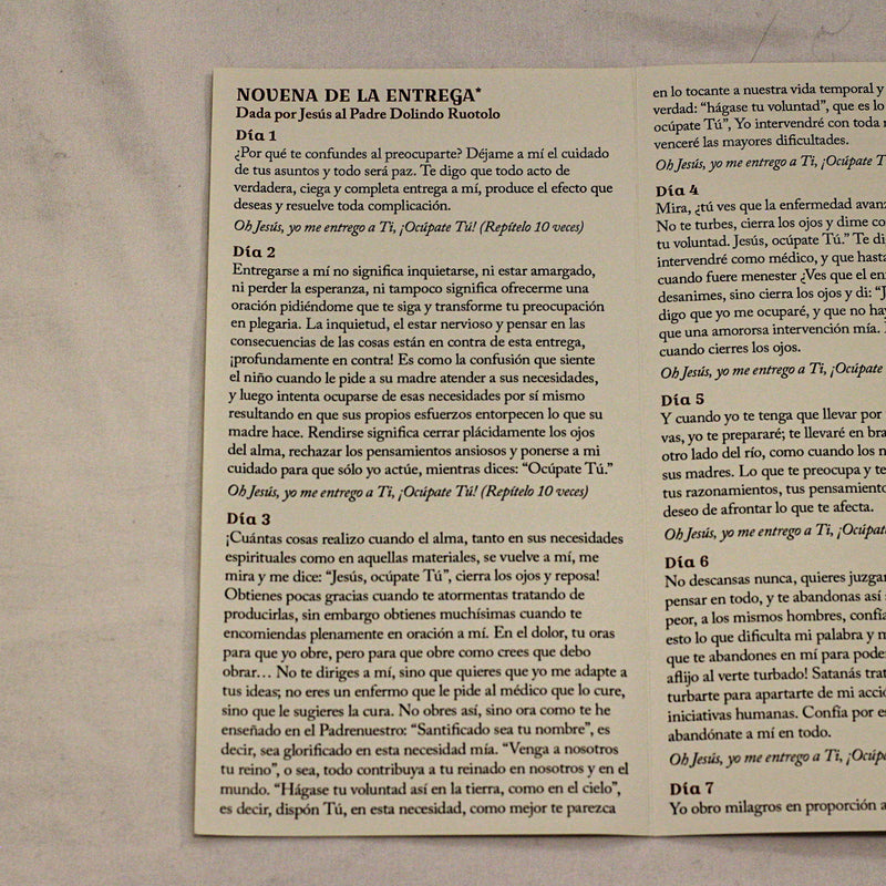 Novena de la Entrega – Tríptico de estampa/The Surrender Novena SPANISH version Trifold Holy Cards LARGE-FONT
