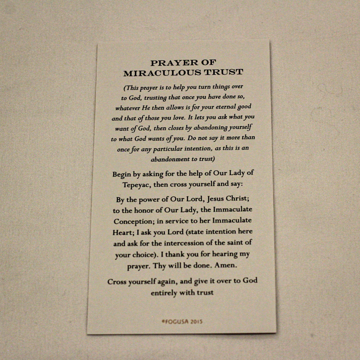 Our Lady of Tepeyac - Prayer of Miraculous Trust Holy Cards