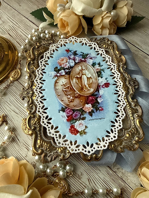 Miraculous Medal Floral Venetian Lace oval paper lace holy card