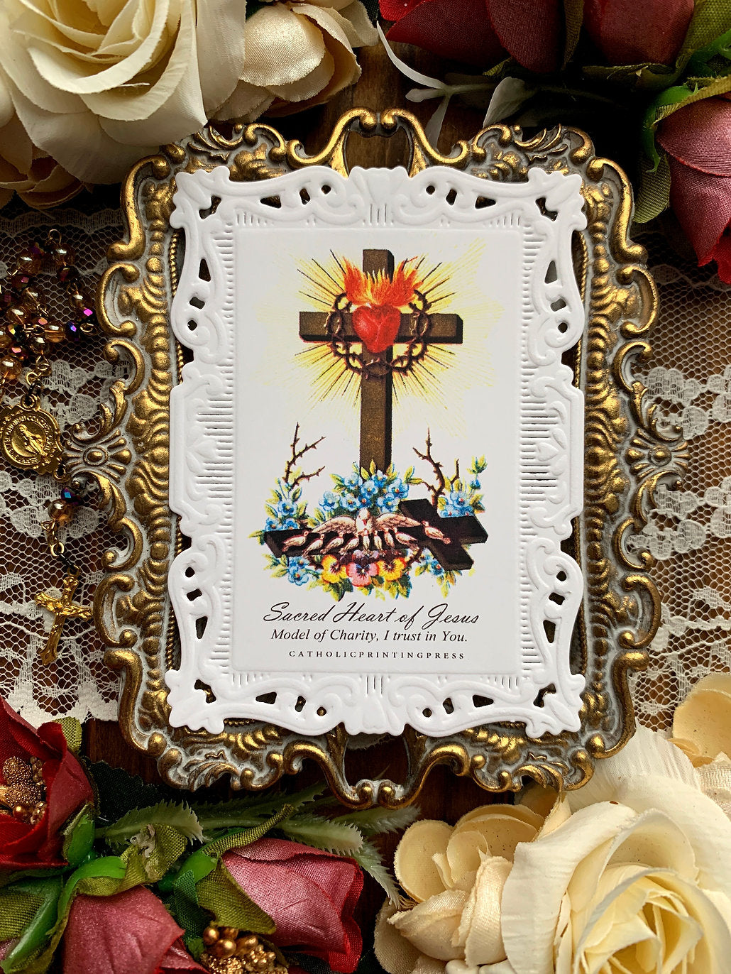 NEW: Sacred Heart Model of Charity Paper Lace Holy Card — Full of Grace USA
