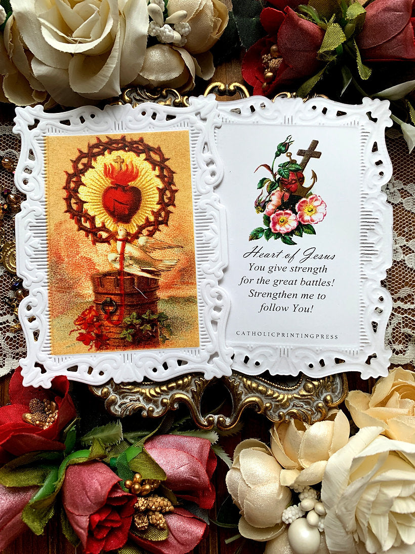 Sacred Heart Battle Dove Paper Lace Holy Card
