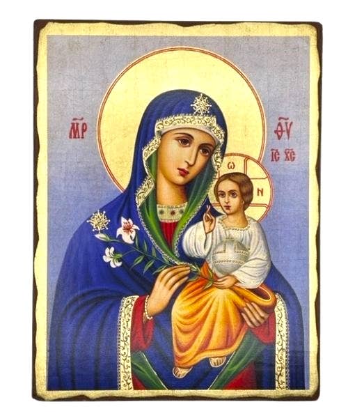 The Art of the Icon - Virgin Mary Eternal Bloom Silk Screen Icon – Aged Edge Wood: 26X20 CM || 10.2X7.8 IN
