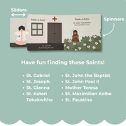 Educational card with saints' names and praying figures on a light blue background