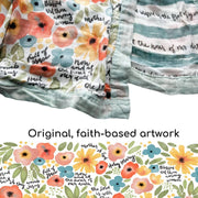 Textile with floral and striped patterns on a white background, featuring original faith-based artwork.