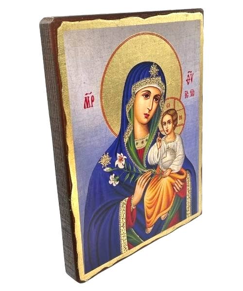 The Art of the Icon - Virgin Mary Eternal Bloom Silk Screen Icon – Aged Edge Wood: 26X20 CM || 10.2X7.8 IN