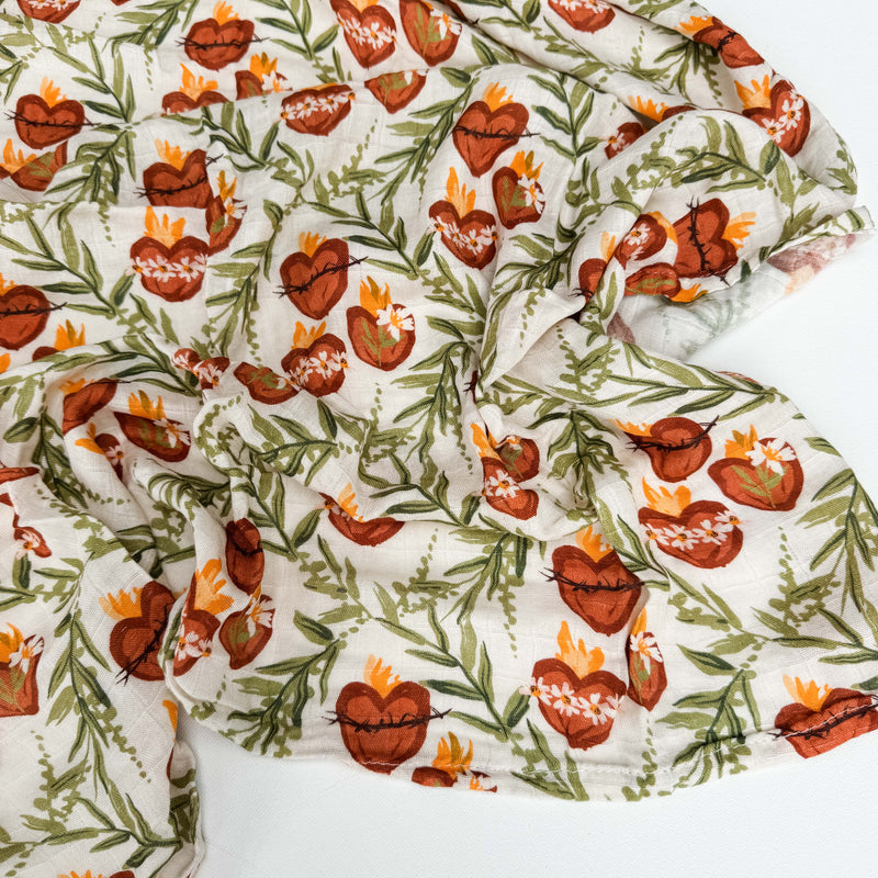 The Little Rose Shop - Holy Family Hearts Muslin Blanket Swaddle