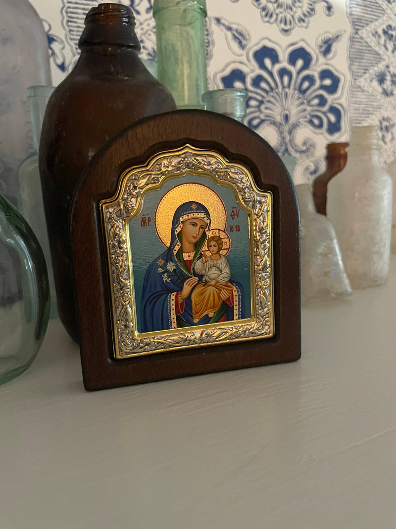 The Art of the Icon - Virgin Mary Eternal Bloom Icon–Arched Engraved Silver, Gold: 20 x 16 cm / 7.9 x 6.3 in
