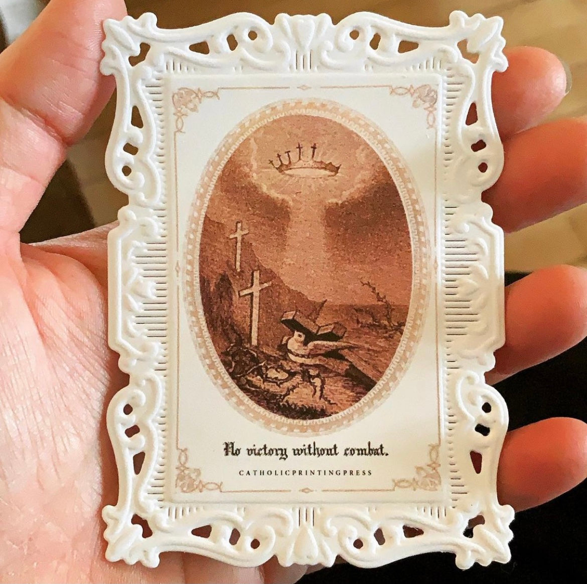 No victory without combat/Combat Dove Paper Lace Holy Card