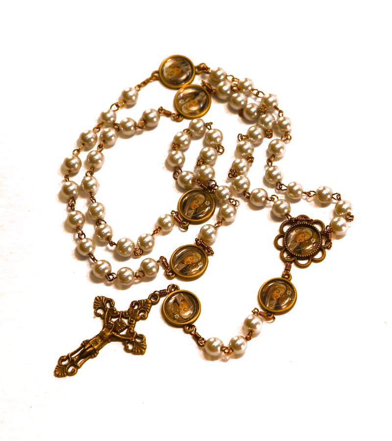 St. Catherine of Siena Silver Pearl Bronze Rosary with Filigree Crucifix by Shannon