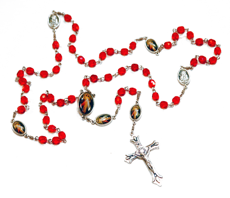 Divine Mercy Vintage Art Ruby Rosary with Crucifix by Shannon