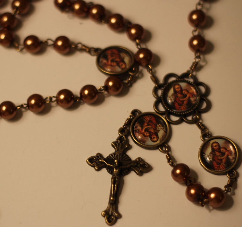 St Joseph Bronze Pearl Rosary with Filigree Crucifix by Shannon