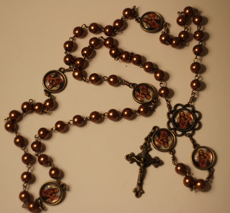 St Joseph Bronze Pearl Rosary with Filigree Crucifix by Shannon