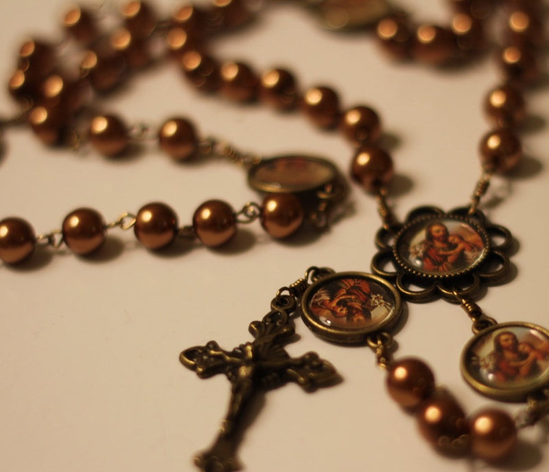 St Joseph Bronze Pearl Rosary with Filigree Crucifix by Shannon