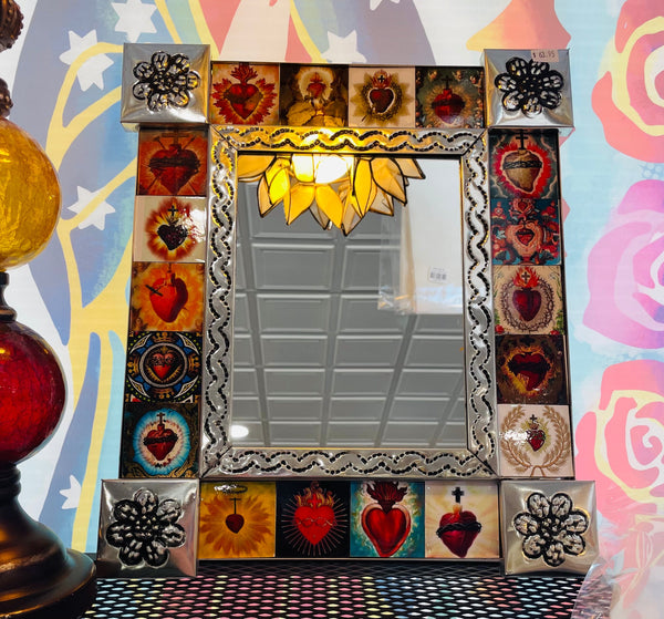 Tin Mirror with Sacred Heart Tiles