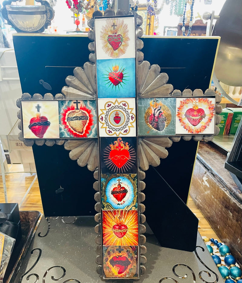 Tin Cross with Sacred Heart Tiles - large