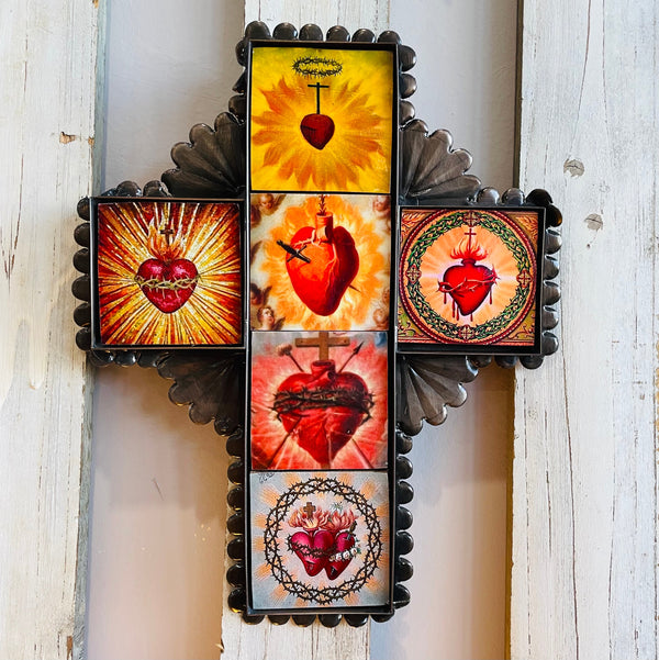 Tin Cross with Sacred Heart Tiles - small