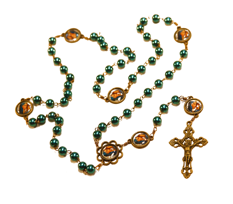 Our Lady of Sorrows Teal Pearl Bronze Rosary with Filigree Crucifix by Shannon
