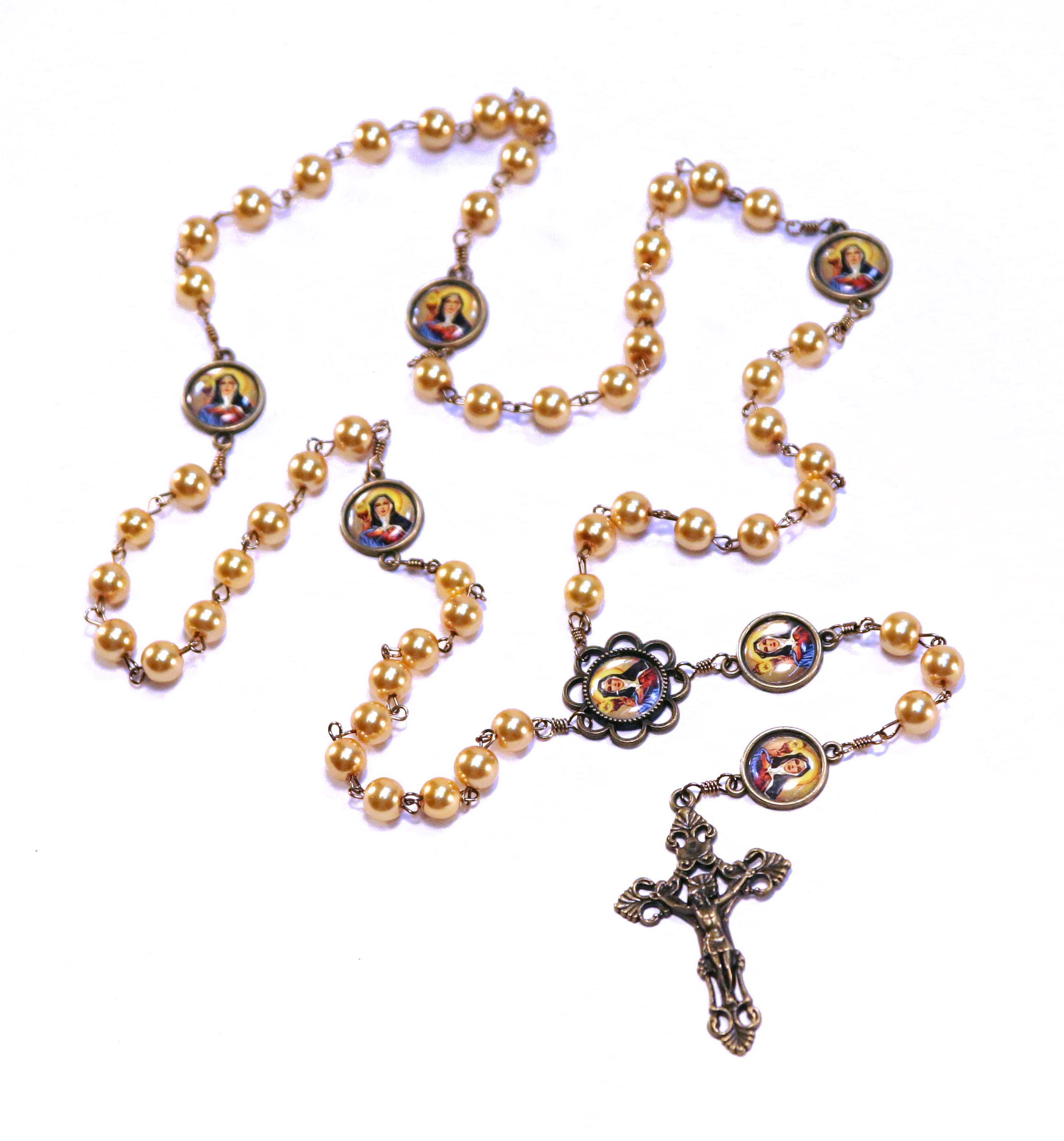 St. Claire Vintage Art Yellow Pearl Rosary with Filigree Crucifix by Shannon
