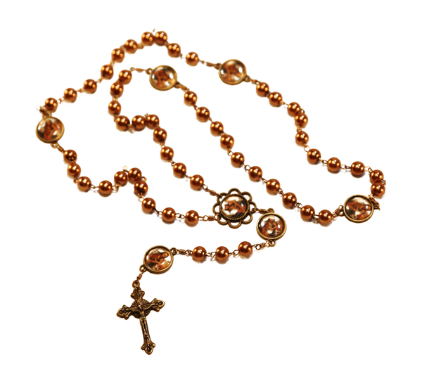 St Joseph Bronze Pearl Rosary with Filigree Crucifix by Shannon