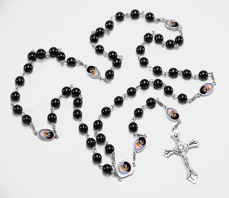 St. Padre Pio Vintage Art Deep-Blue Pearl Rosary with Crucifix by Shannon