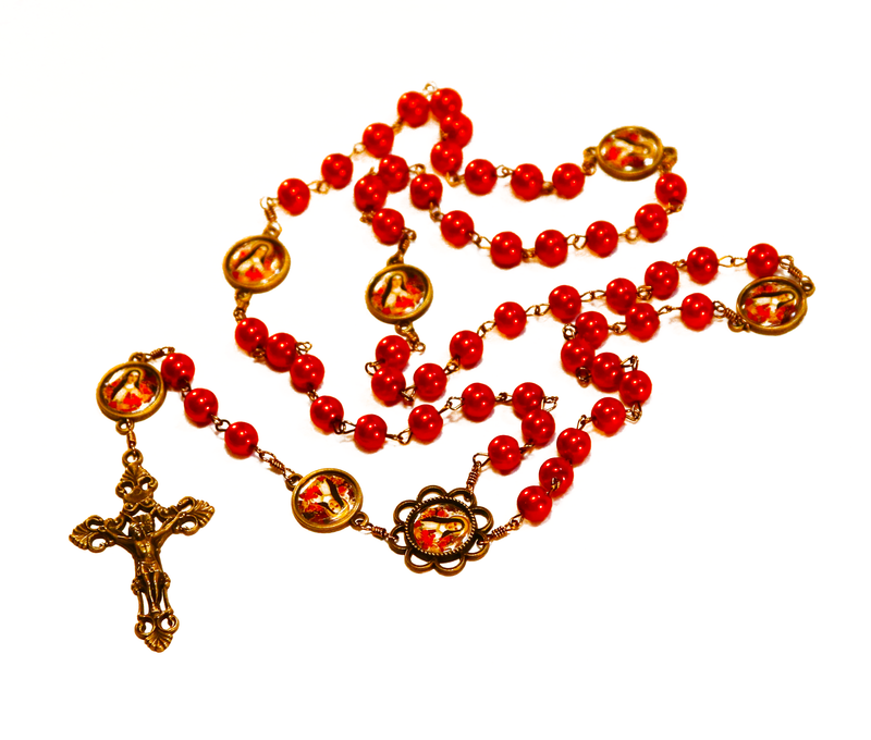 St. Therese Red Pearl Bronze Rosary with Filigree Crucifix by Shannon