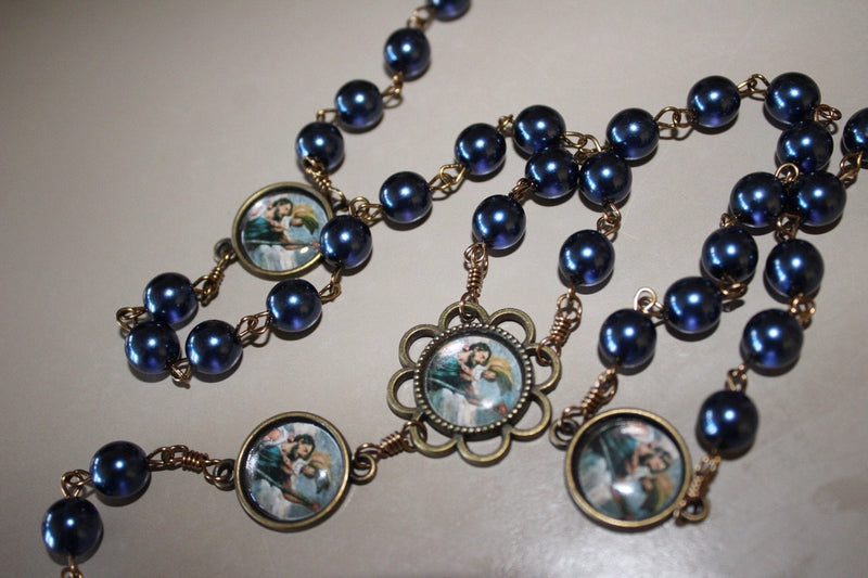 St Christopher Vintage Art Blue Pearl Rosary