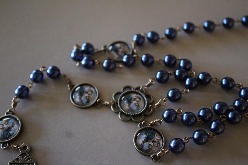 St Christopher Vintage Art Blue Pearl Rosary