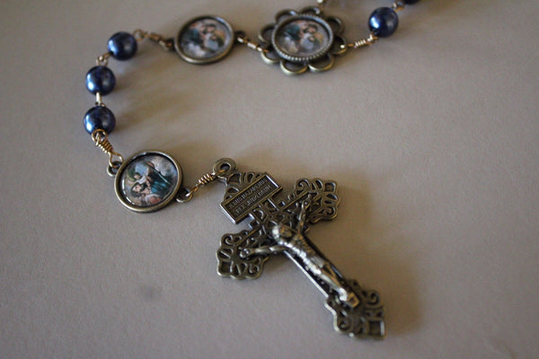 St Christopher Vintage Art Blue Pearl Rosary