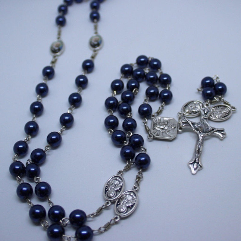 St. Padre Pio Vintage Art Deep-Blue Pearl Rosary with Crucifix by Shannon