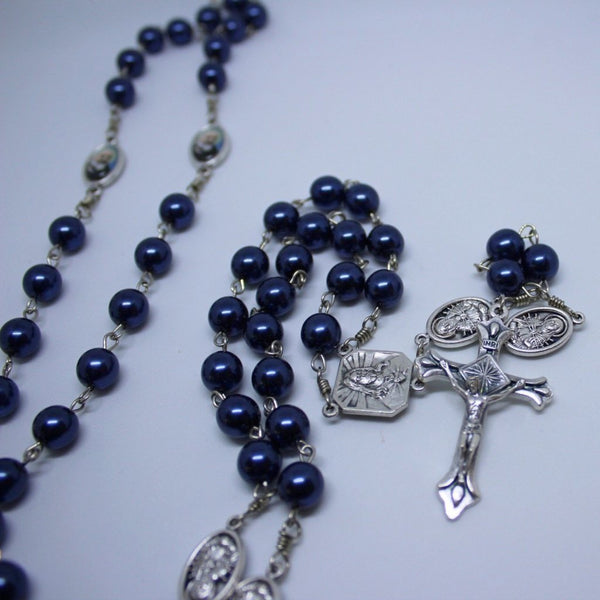 St. Padre Pio Vintage Art Deep-Blue Pearl Rosary with Crucifix by Shannon
